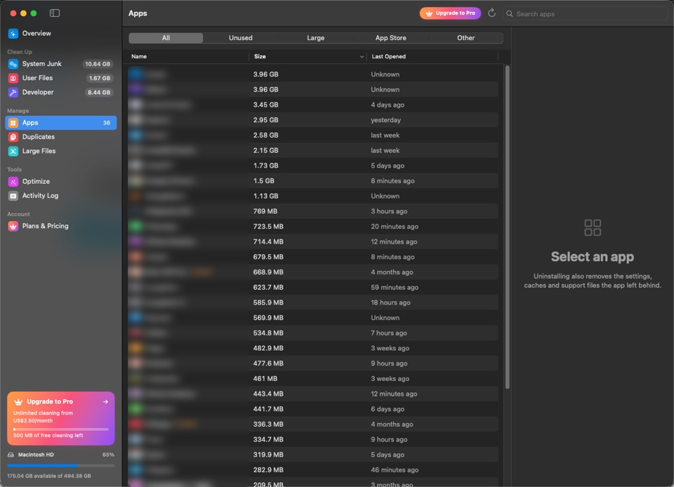 Installed apps sorted by size, with when each was last opened
