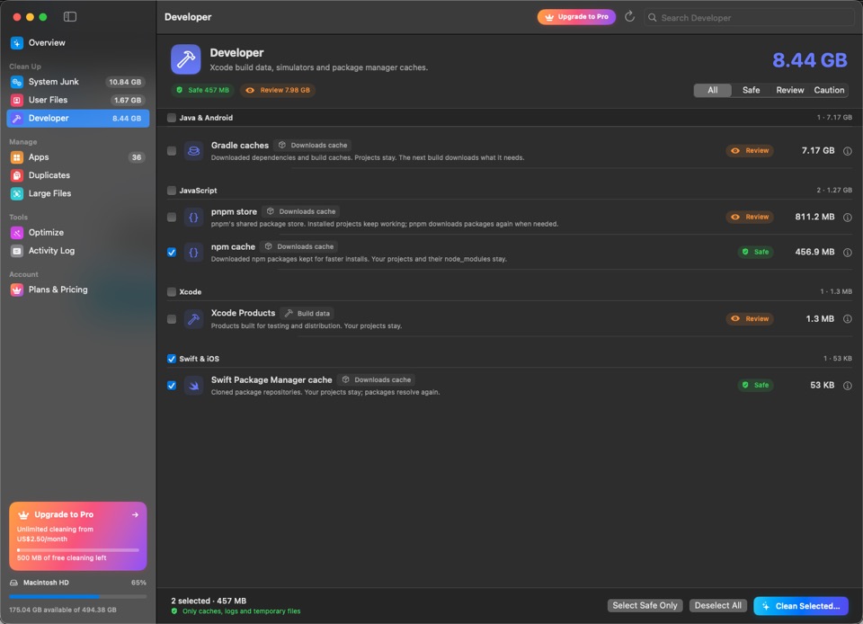 Developer cleanup: Gradle, pnpm, npm, Xcode and Swift Package Manager caches
