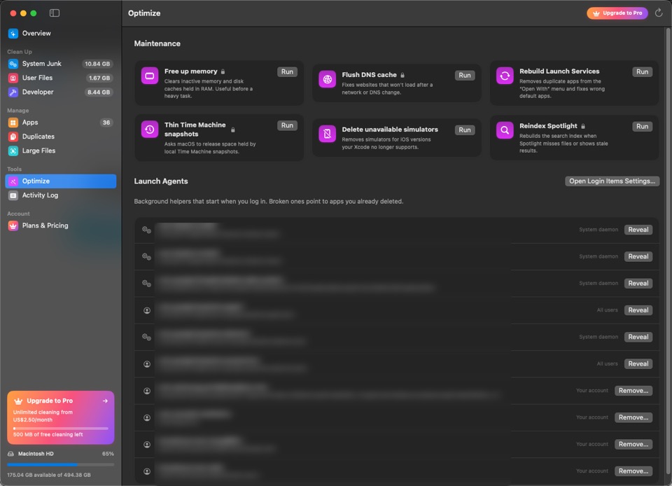 Optimize: free up memory, flush the DNS cache, thin Time Machine snapshots and more