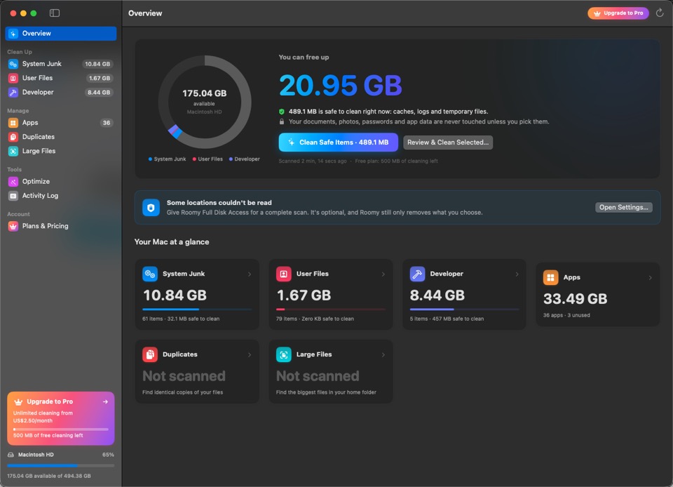 The Overview: how much space can be freed, split into System Junk, User Files, Developer and Apps