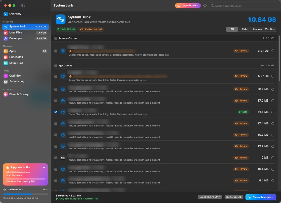 System Junk: browser and app caches, each rated Safe or Review